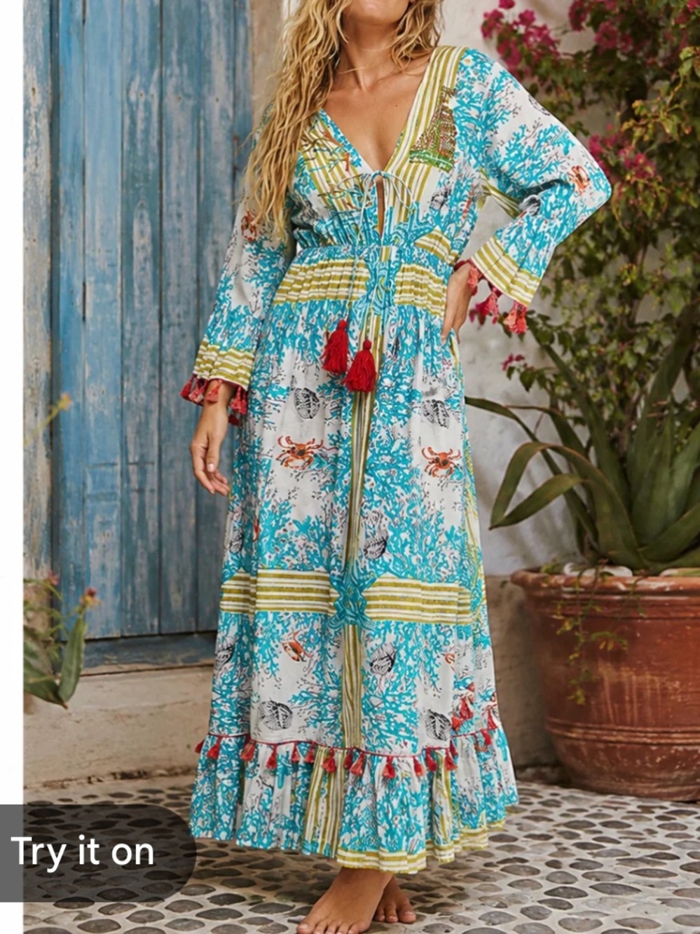Pol womans Bohemian Seashell Print Maxi Dress in Turquoise size M